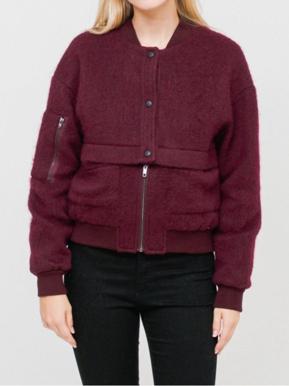 NATIVE YOUTH Maroon Wool-Blend Bomber Jacket, size Small